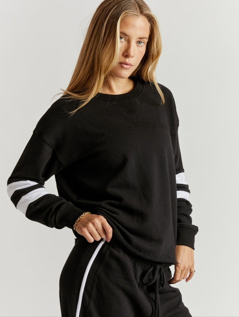 Year of Ours Varsity Sweatshirt Black & White Stripe Crewneck Loungewear Size M